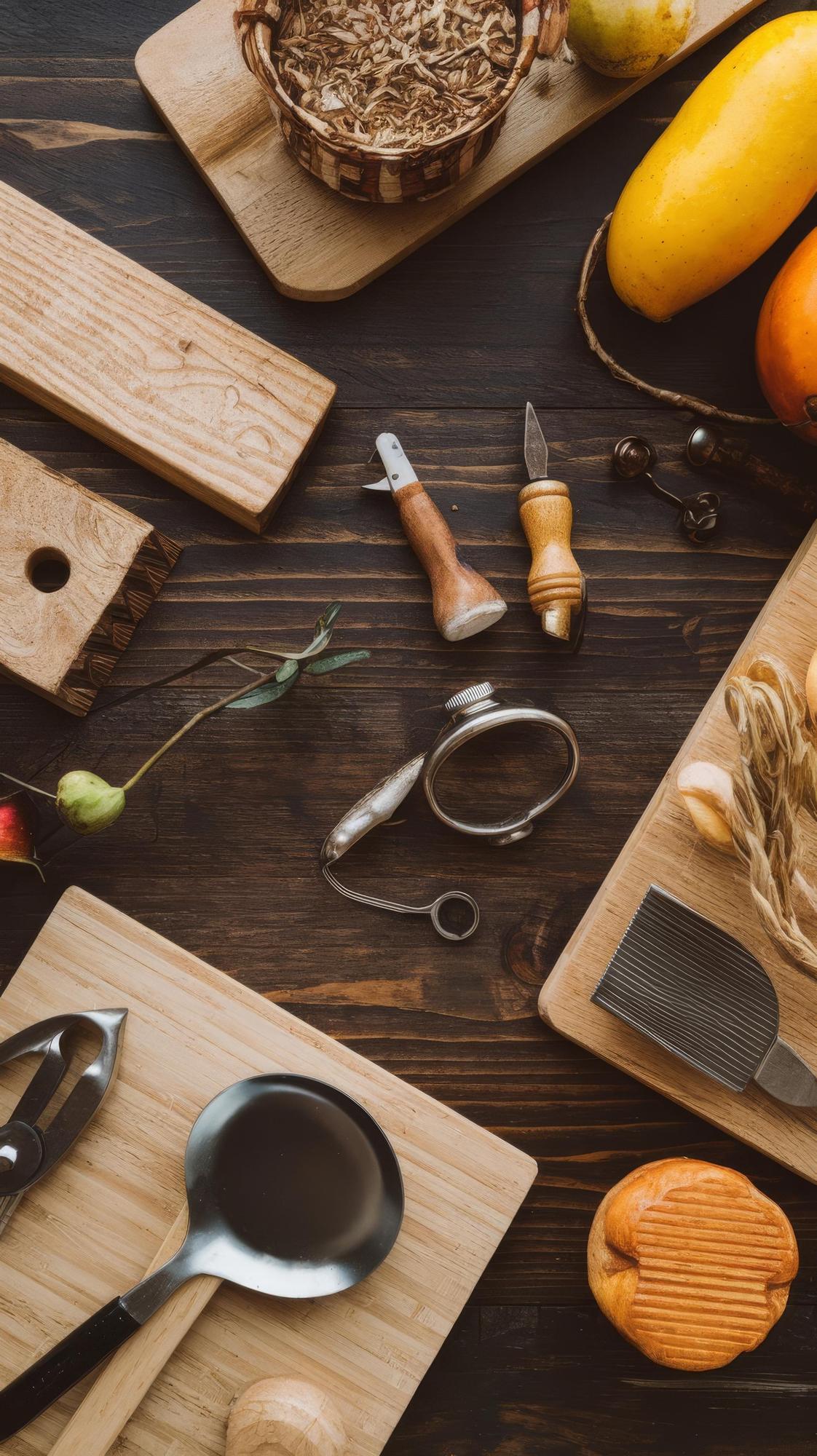 Set di utensili da cucina ordinati su piano in legno
