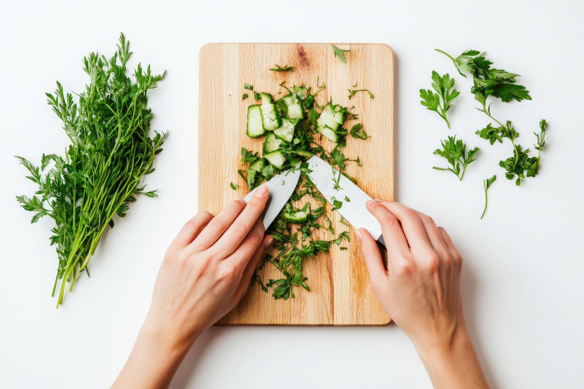 Dettaglio mani che tagliano erbe fresche