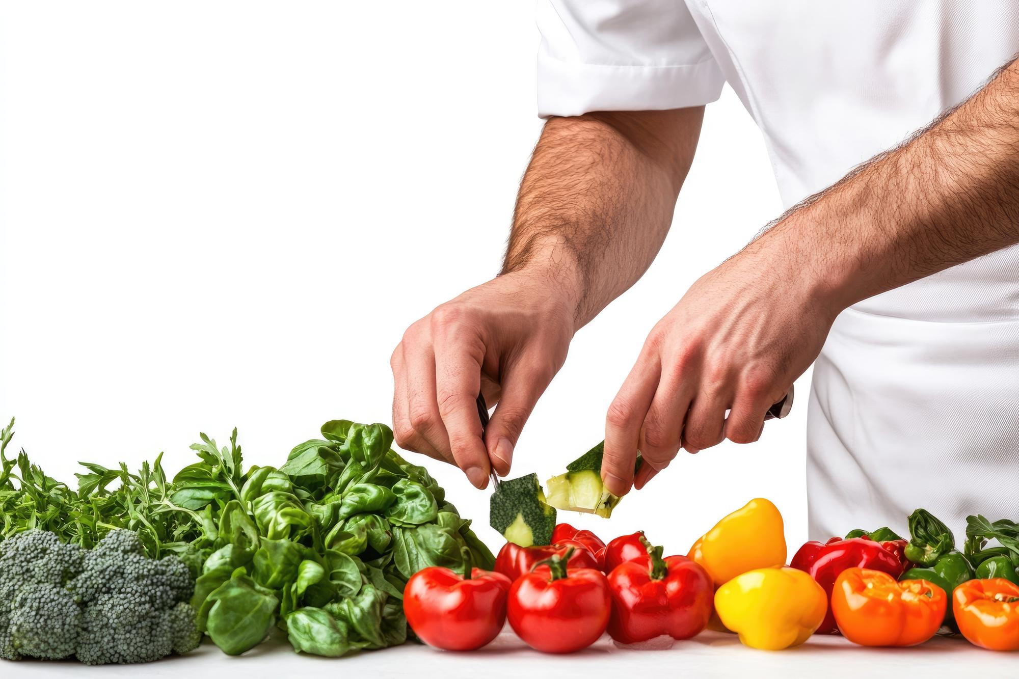 Chef che affetta verdure con precisione